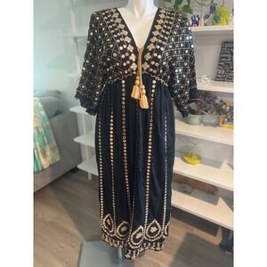 Palak Boho Maxi Dress‎ Mirror Embellished Tassel Tie V Neck Long Kaftan